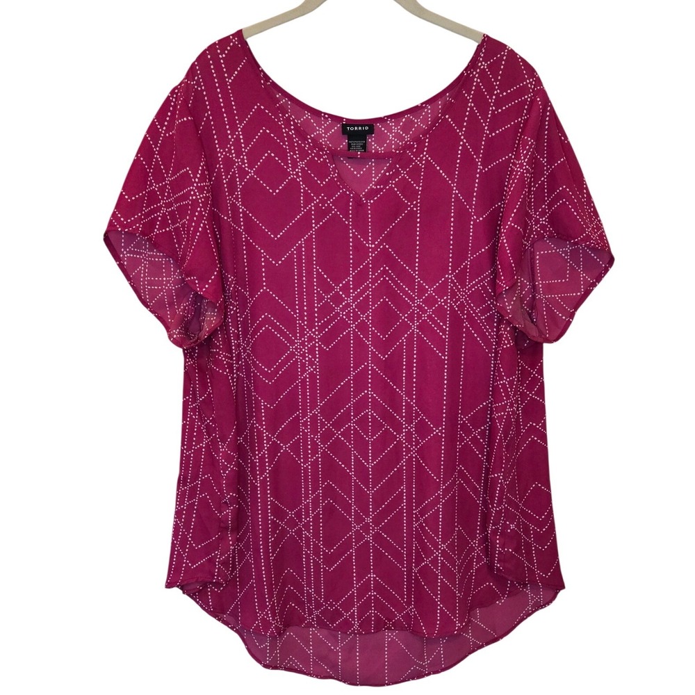 Torrid Magenta Pink Geometric Dotted V-Neck Blouse Plus Size 3 3X Short Sleeve